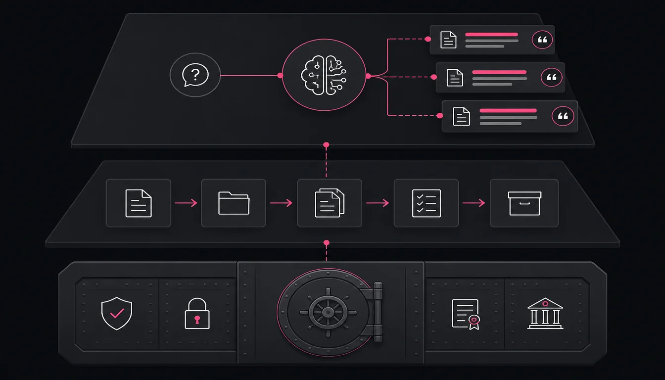 Three layers: compliant preservation, DMS, and AI knowledge base